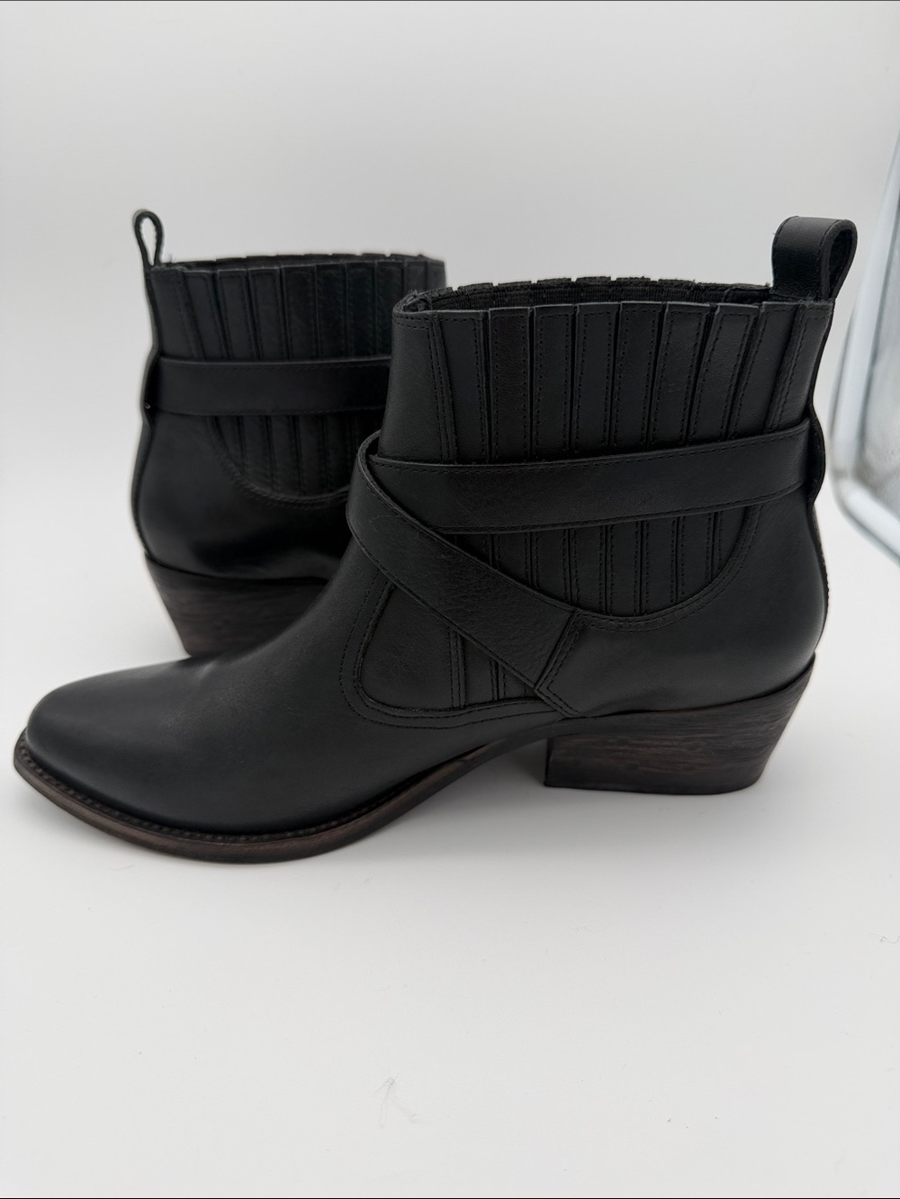 All Saints Western Style Ankle Booties Black Leather Boots Belt Sz 8 Pointed Toe - Picture 4 of 16